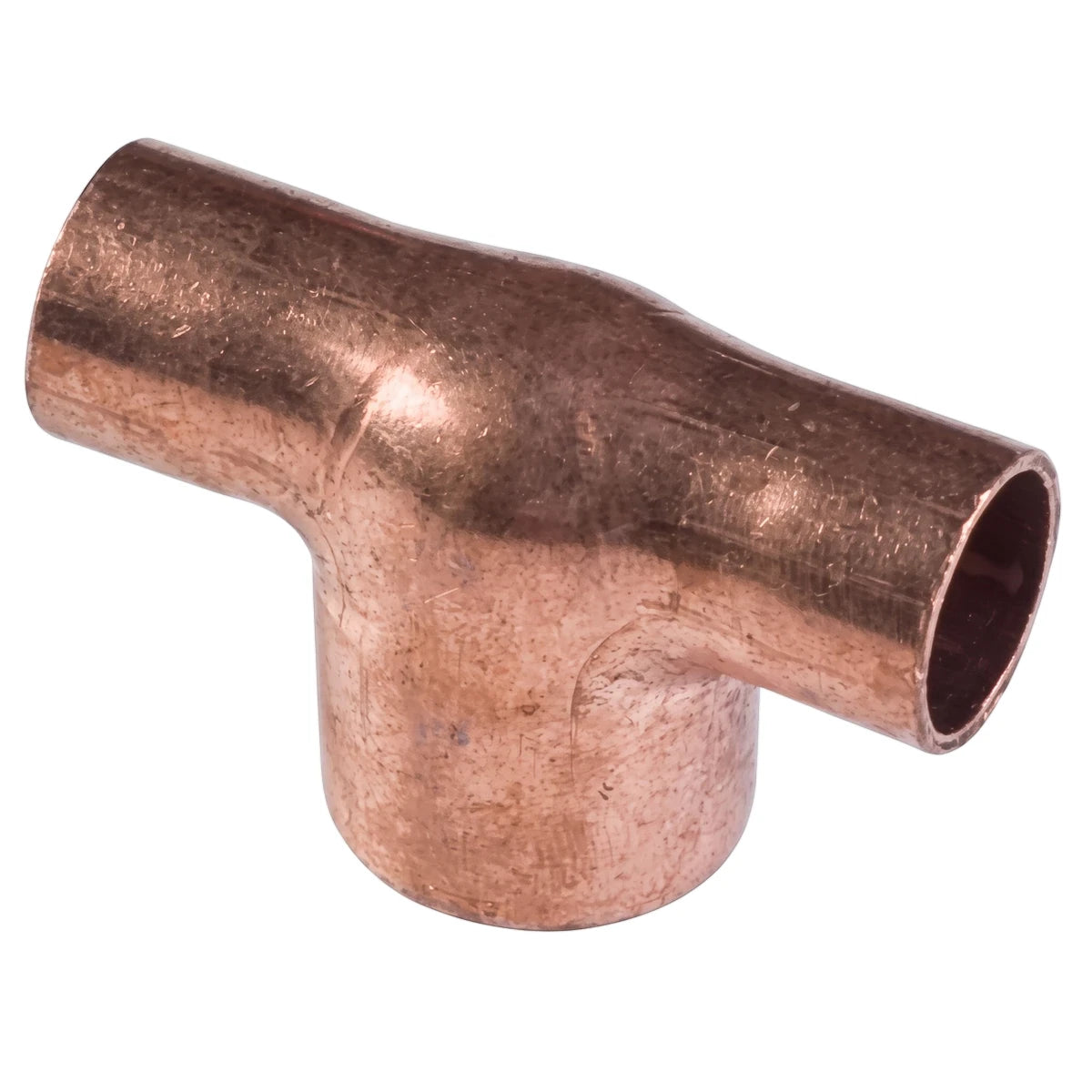 Copper unequal tee pipe fitting with 15x15x22mm dimensions, featuring a reddish-brown color and smooth metal texture.