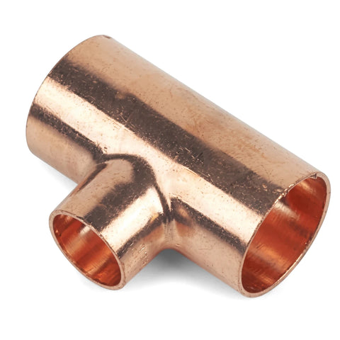 Copper unequal tee pipe fitting, 22X22X15, for plumbing applications, captured in a clear studio shot.