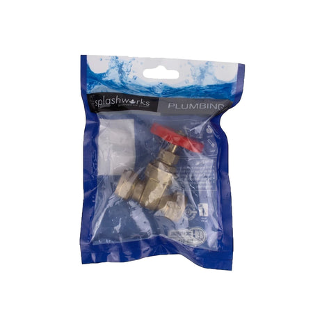 Copper X Copper Gate Valve, 1/2 inch, with a red handle and brass body, packaged in clear plastic with 'splashworks