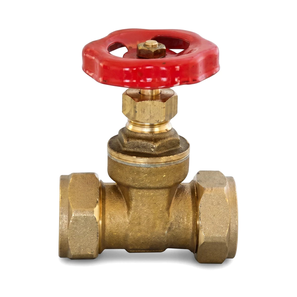 3/4 inch copper gate valve with a polished brass body and a prominent red spoked handwheel for flow control.