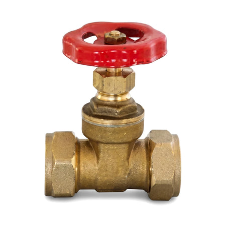 3/4 inch copper gate valve with a polished brass body and a prominent red spoked handwheel for flow control.