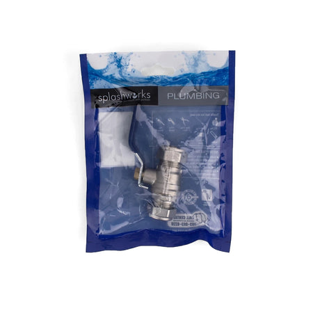 1/2 inch Copper X Copper Lever Ball Valve by Splashworks, shown in clear retail packaging against a white background.