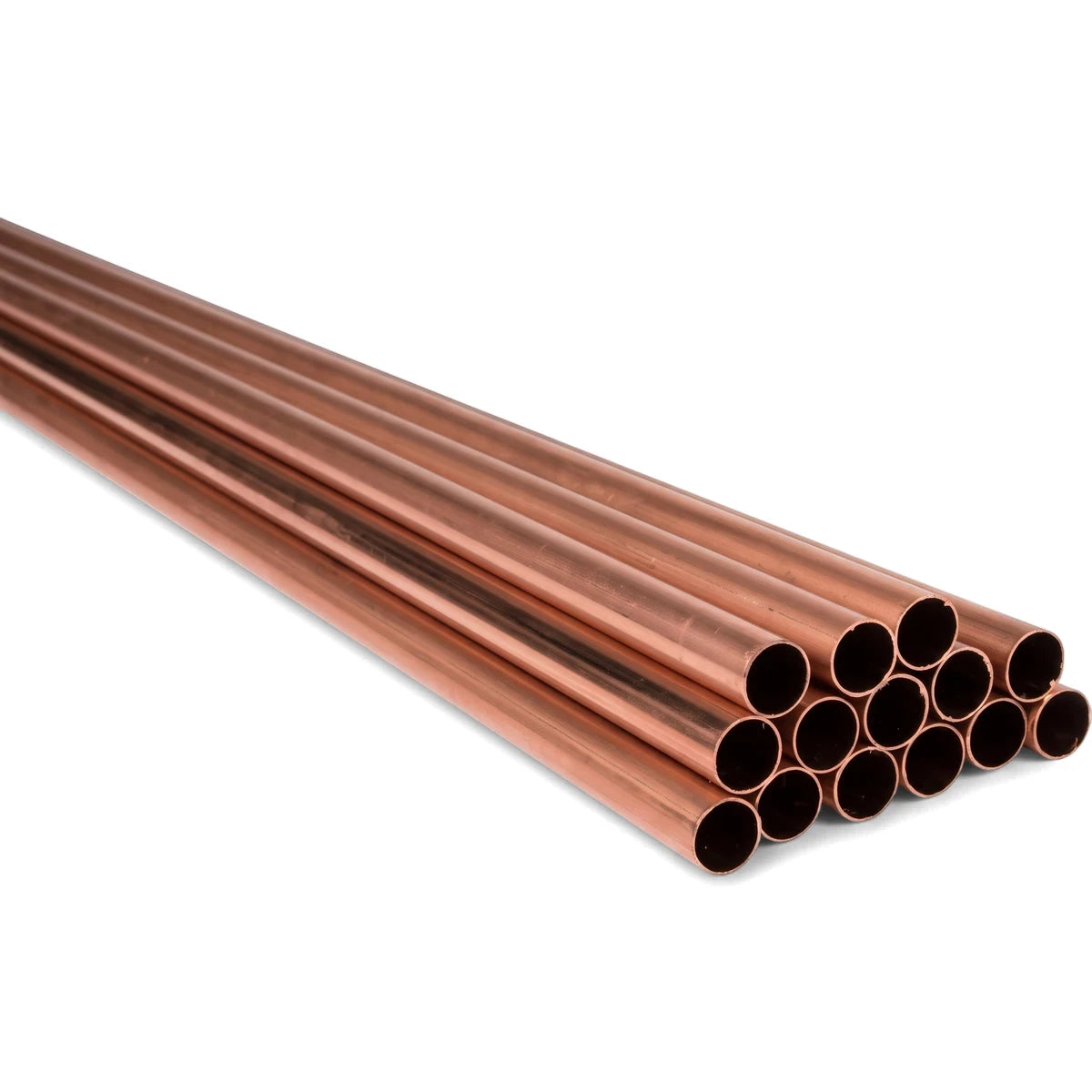 A stack of Maksal ECO coppertubes, displaying their reddish-brown color and tubular shape for plumbing.