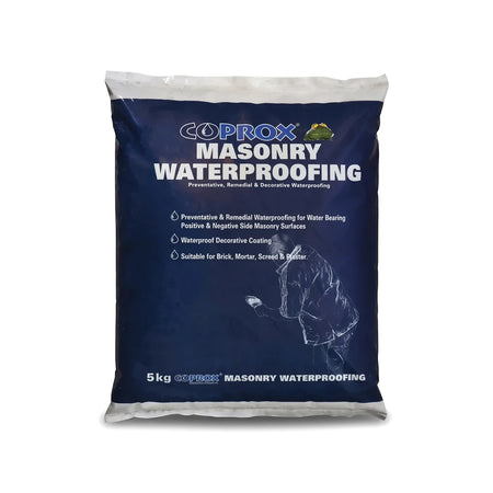 Coprox 5kg Masonry Waterproofing bag in dark blue with white lettering, for preventing and remedying water damage.