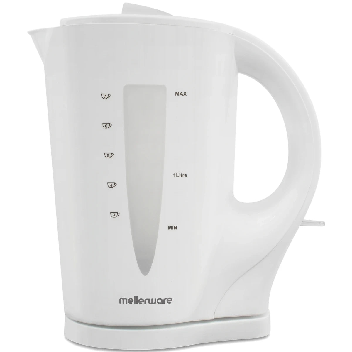Corded Sabie White Kettle with a visible water level indicator and Mellerware branding on a white background.
