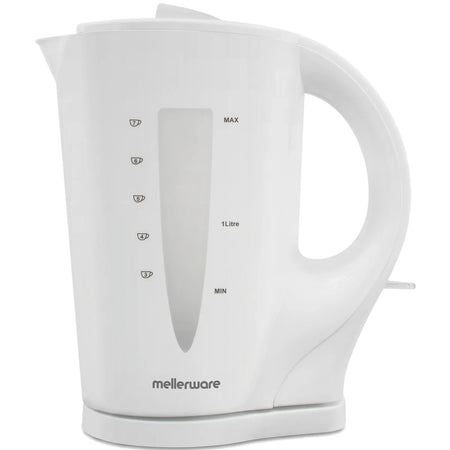 Corded Sabie White Kettle with a visible water level indicator and Mellerware branding on a white background.