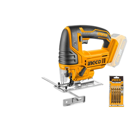 Yellow and black Ingco Cordless Lithium-Ion Jig Saw (20V) with a 5pc jig saw blade set on a white background.