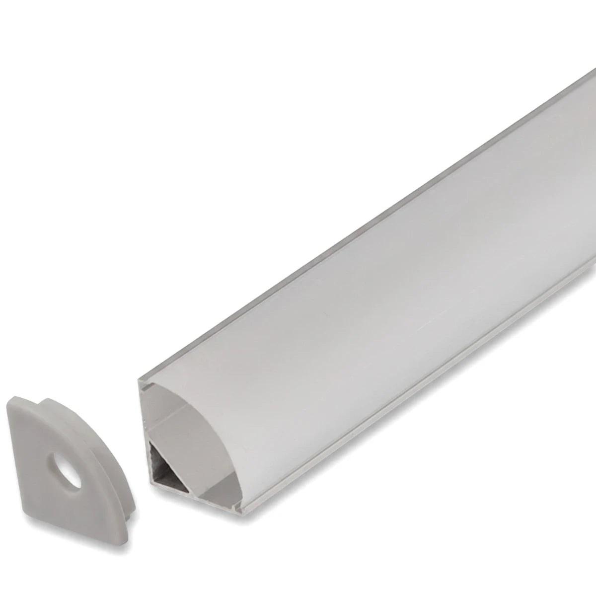 Corner aluminium extrusion profile with a translucent white cover and a grey end cap, shown diagonally.