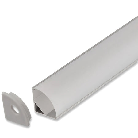 Corner aluminium extrusion profile with a translucent white cover and a grey end cap, shown diagonally.