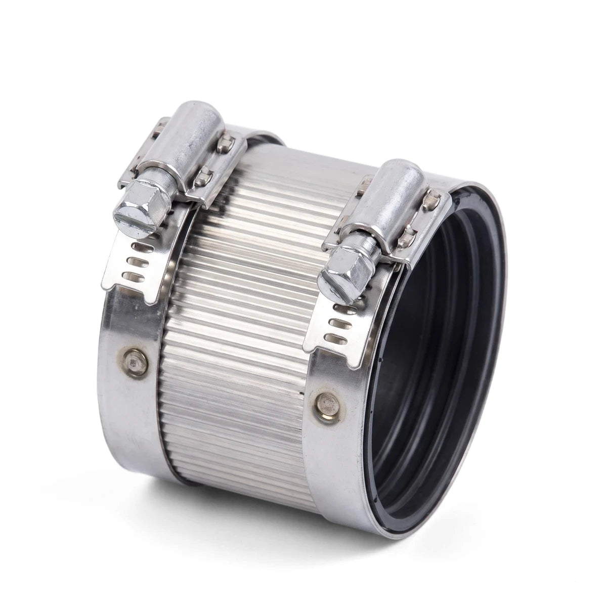 Silver metal SSN 50mm coupler shown at an angle, featuring two robust clamping mechanisms for industrial pipe connections.