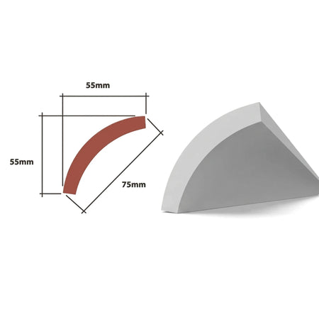 Cove EPS cornice molding, 55x55x75mm, shown with a detailed diagram and a 3D view of its curved profile.