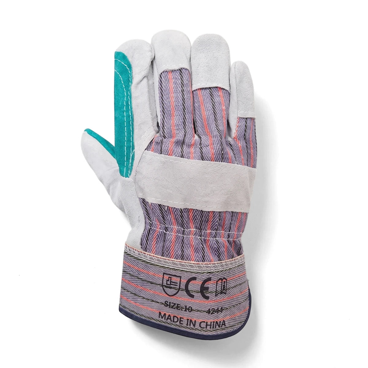 Cow Split Leather Gloves, size 10, featuring white leather, striped fabric, and teal thumb detail, viewed from the back.