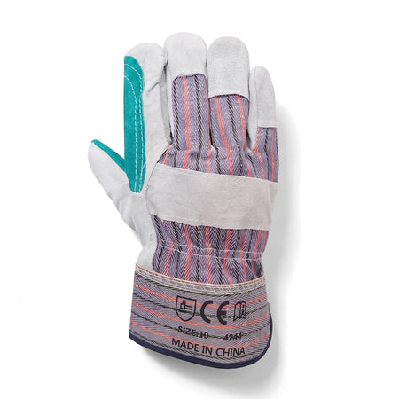 Cow Split Leather Gloves, size 10, featuring white leather, striped fabric, and teal thumb detail, viewed from the back.