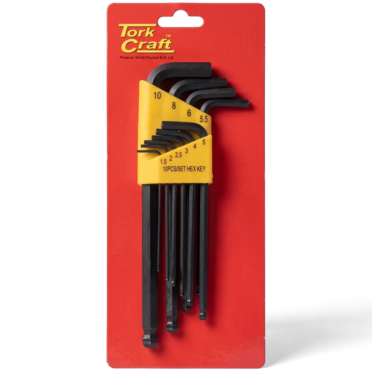 CR-V Ball Point 10 Piece Carded Hex Key Set with black keys in red and yellow retail packaging for versatile use.