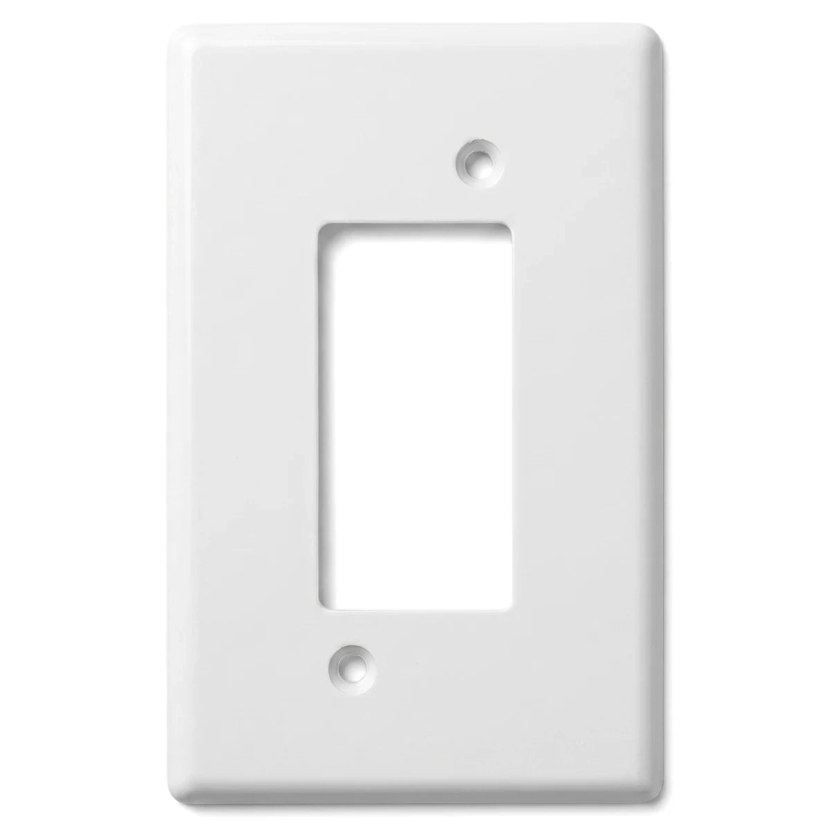 White single-gang switch cover plate for isolator, featuring a rectangular opening and two screw holes for mounting,