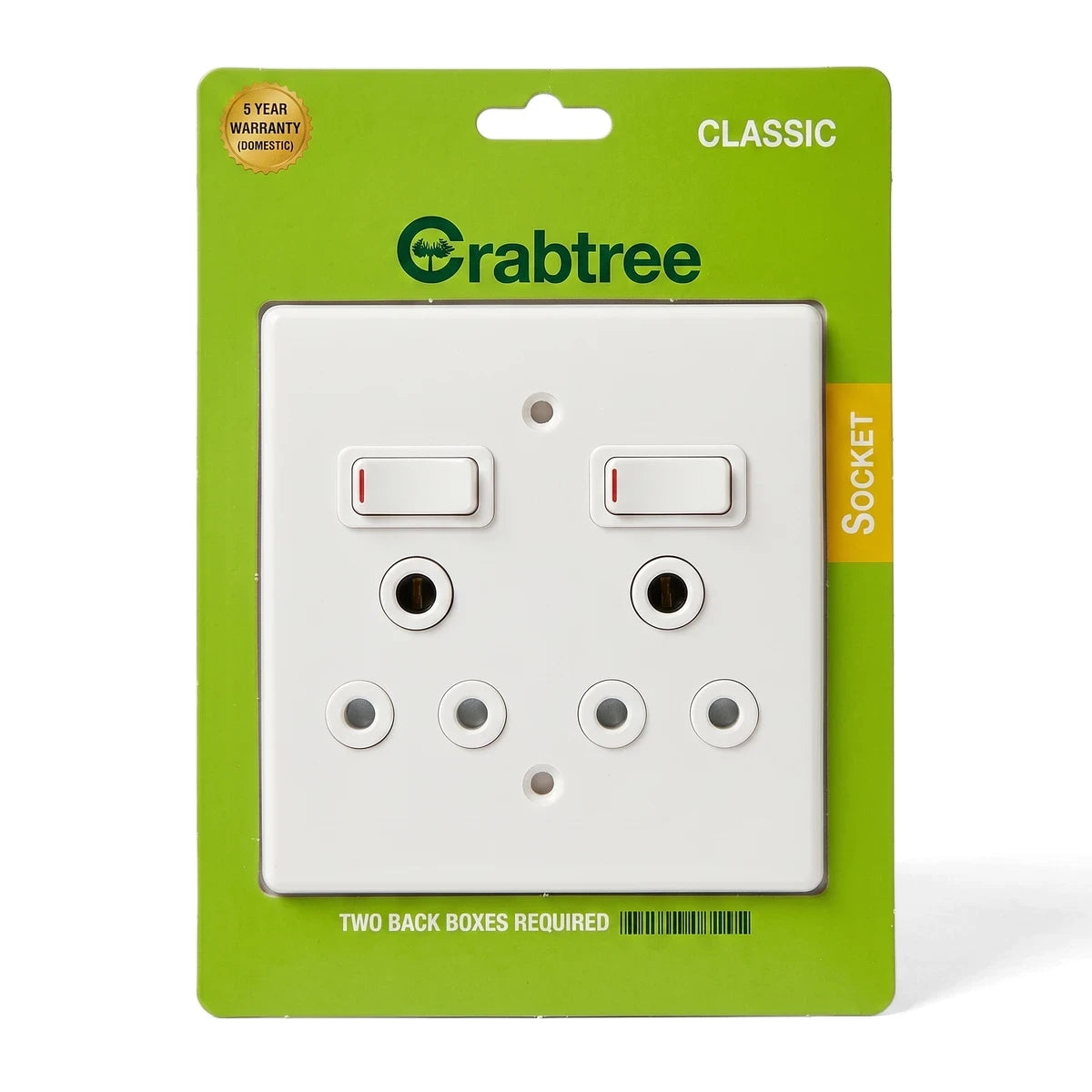 Crabtree Duo Sw Soc + Plate Assembled Switch Cover Plate in white, enclosed in its green and white retail packaging, front