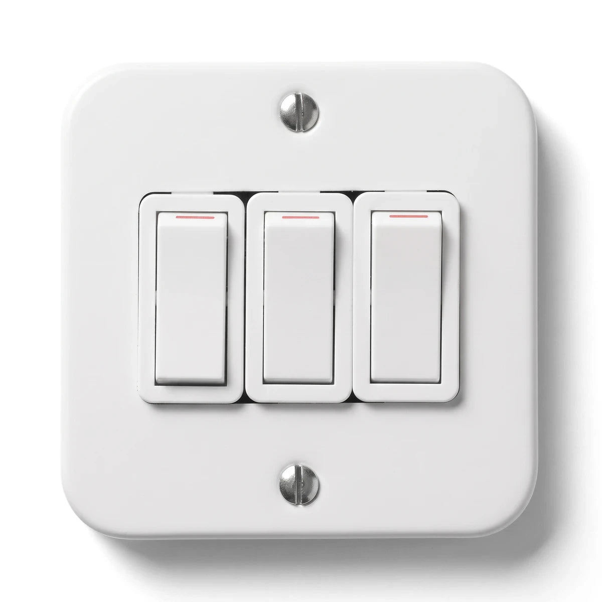 White Crabtree industrial triple lever light switch cover plate. Features three rectangular toggle switches with red