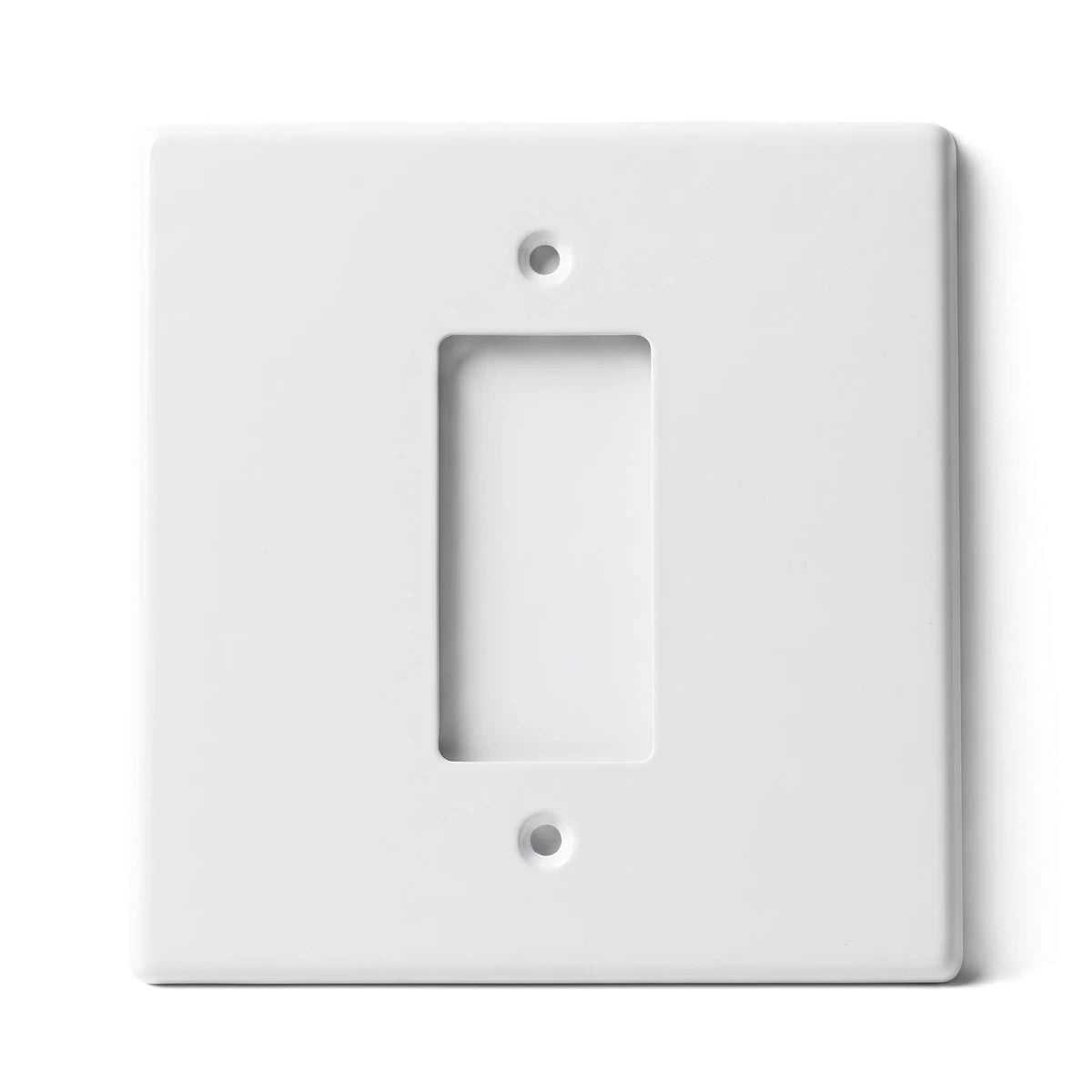 White 4x4 single-gang switch cover plate for an isolator, featuring a smooth finish and central rectangular opening.