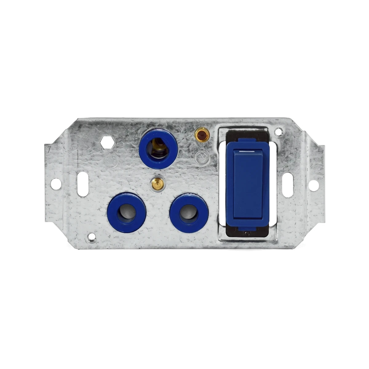 Crabtree Plate Steel For 6896H Switch Cover Plate featuring a galvanized steel finish, three blue circular terminals, and a