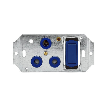 Crabtree Plate Steel For 6896H Switch Cover Plate featuring a galvanized steel finish, three blue circular terminals, and a