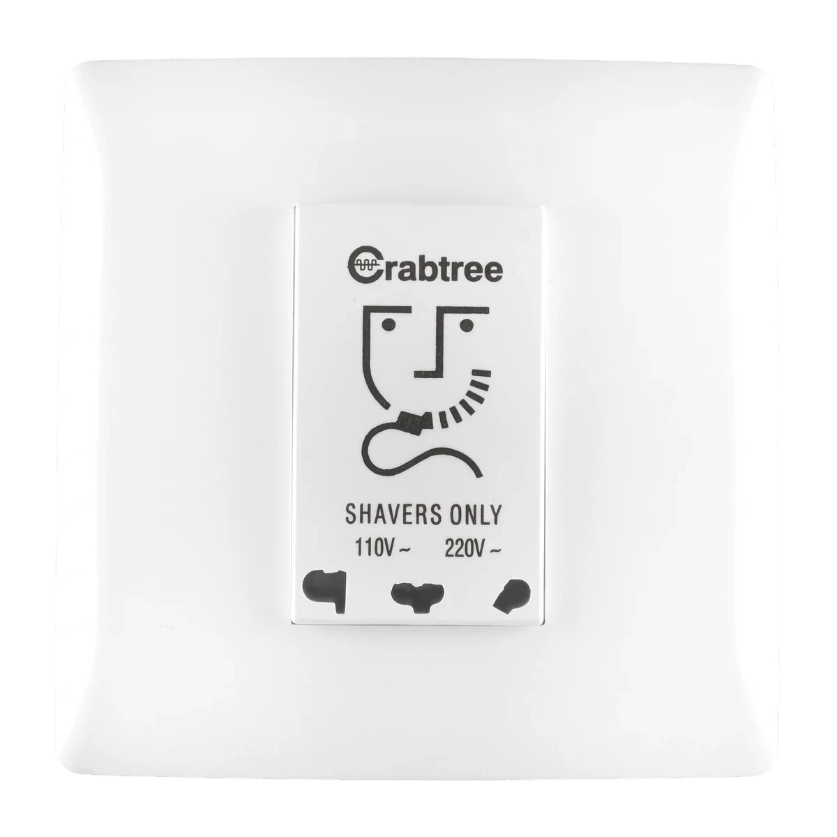 White Crabtree shaver socket, 220V/110V, featuring a distinctive logo and multiple outlet types for shavers.