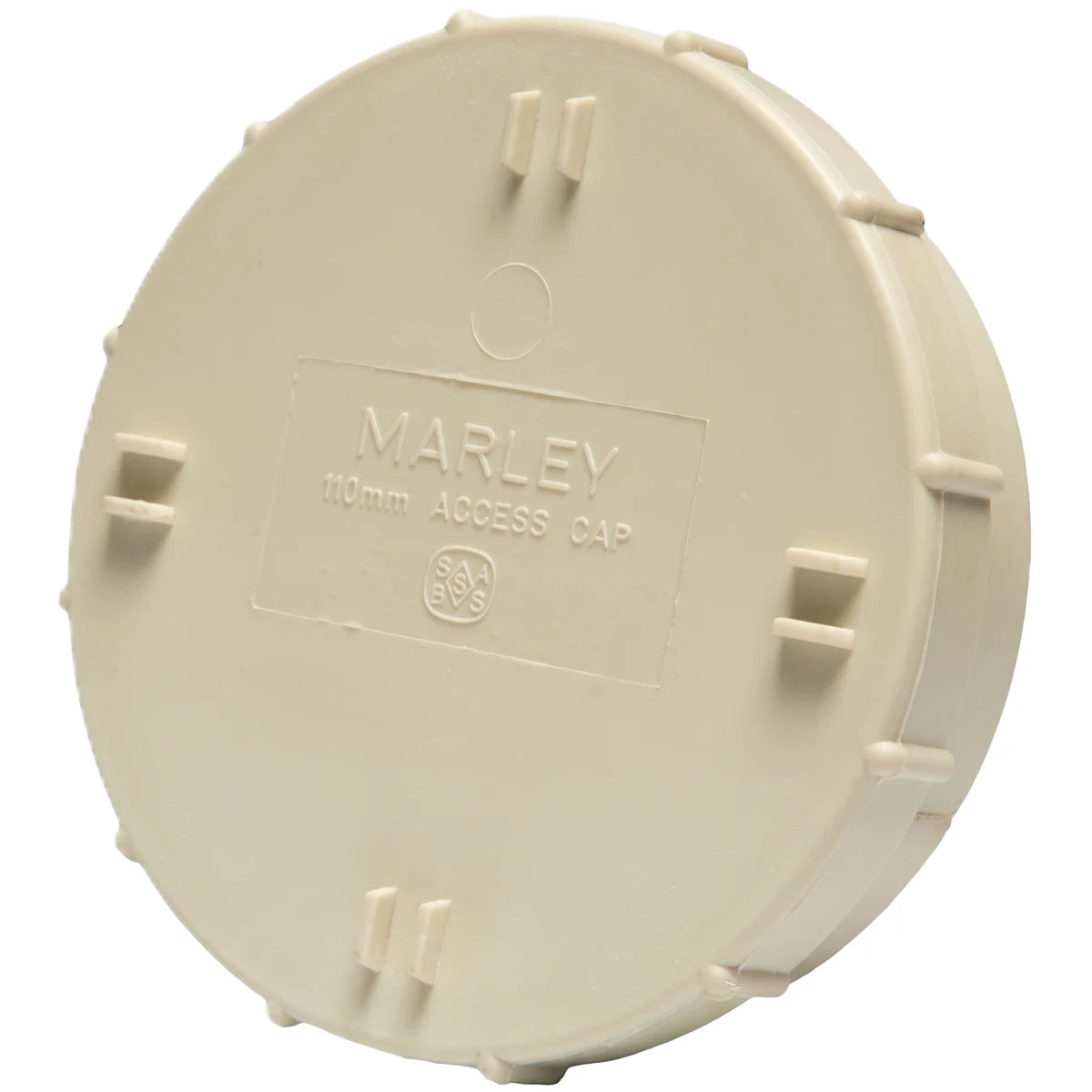 Cream circular PVC underground stopend with access cap, 110mm, showing embossed Marley branding.