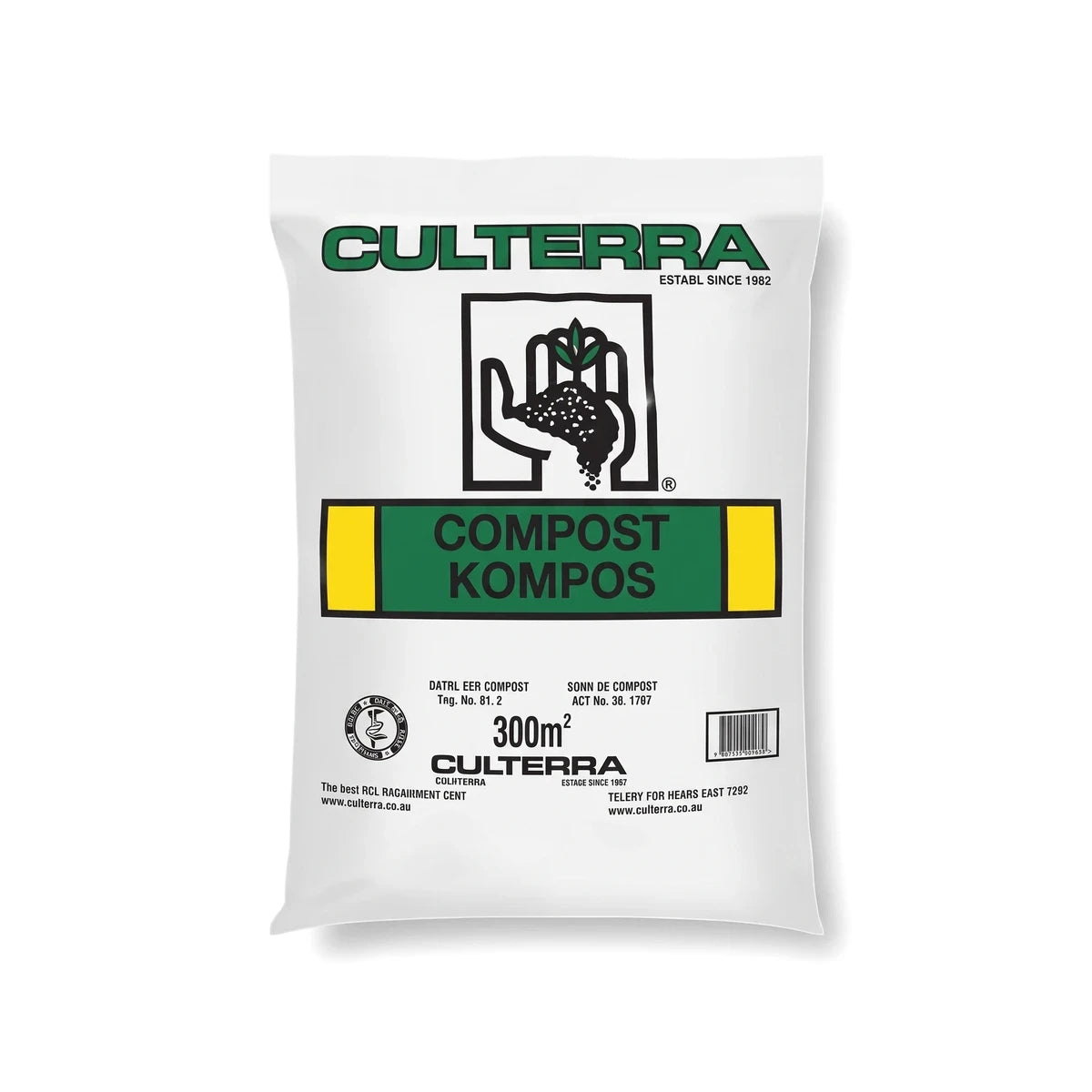 White Culterra Compost Kompos plastic bag with green and yellow label, 300m² volume for gardening soil.