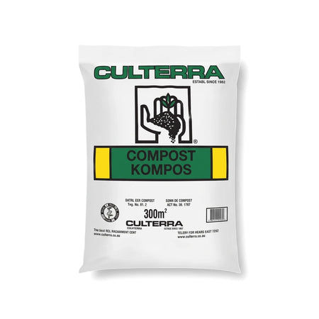White Culterra Compost Kompos plastic bag with green and yellow label, 300m² volume for gardening soil.