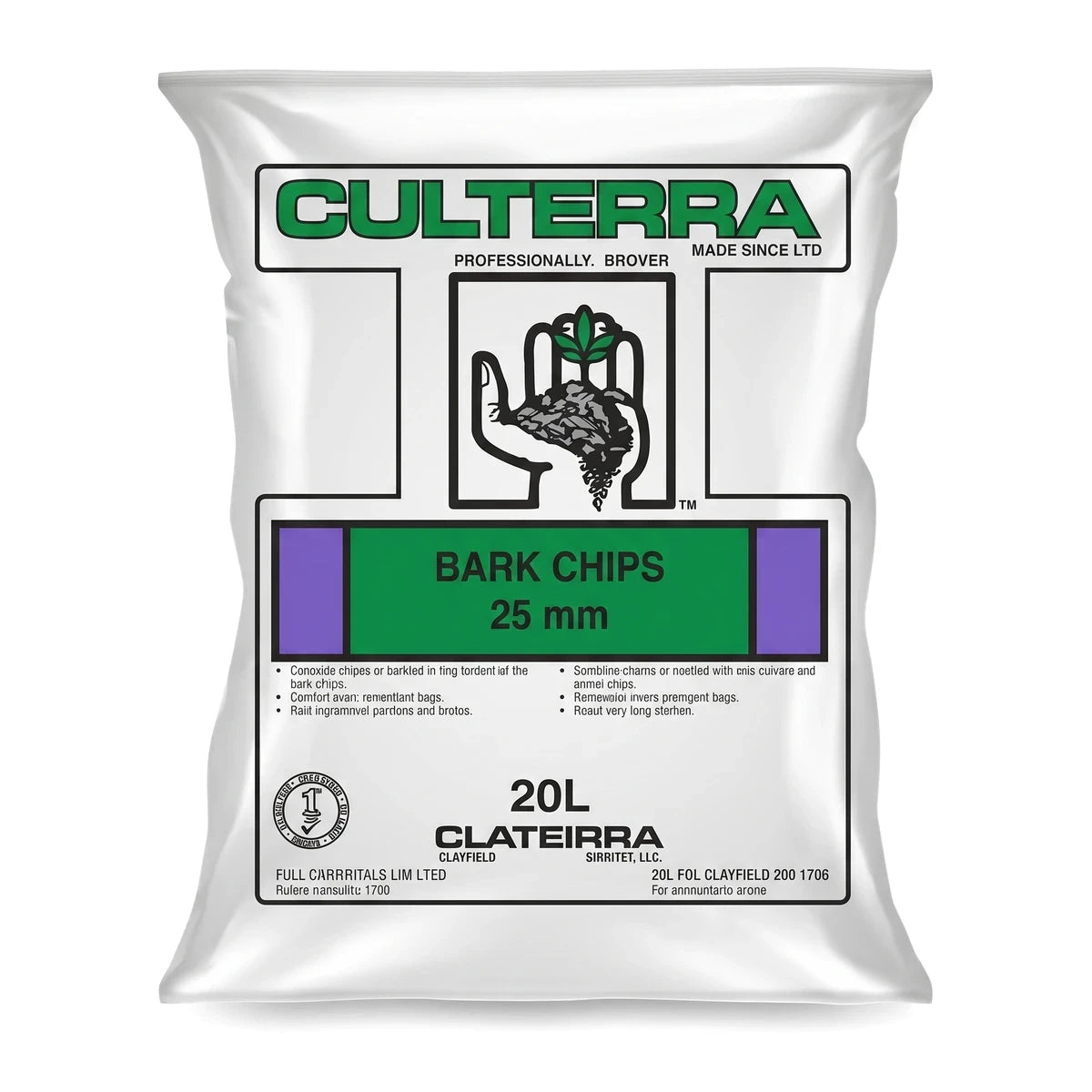 Decorative bark chips, 5dm³, in a white plastic bag featuring the CULTERRA logo and 'BARK CHIPS 25 MM' on green and purple