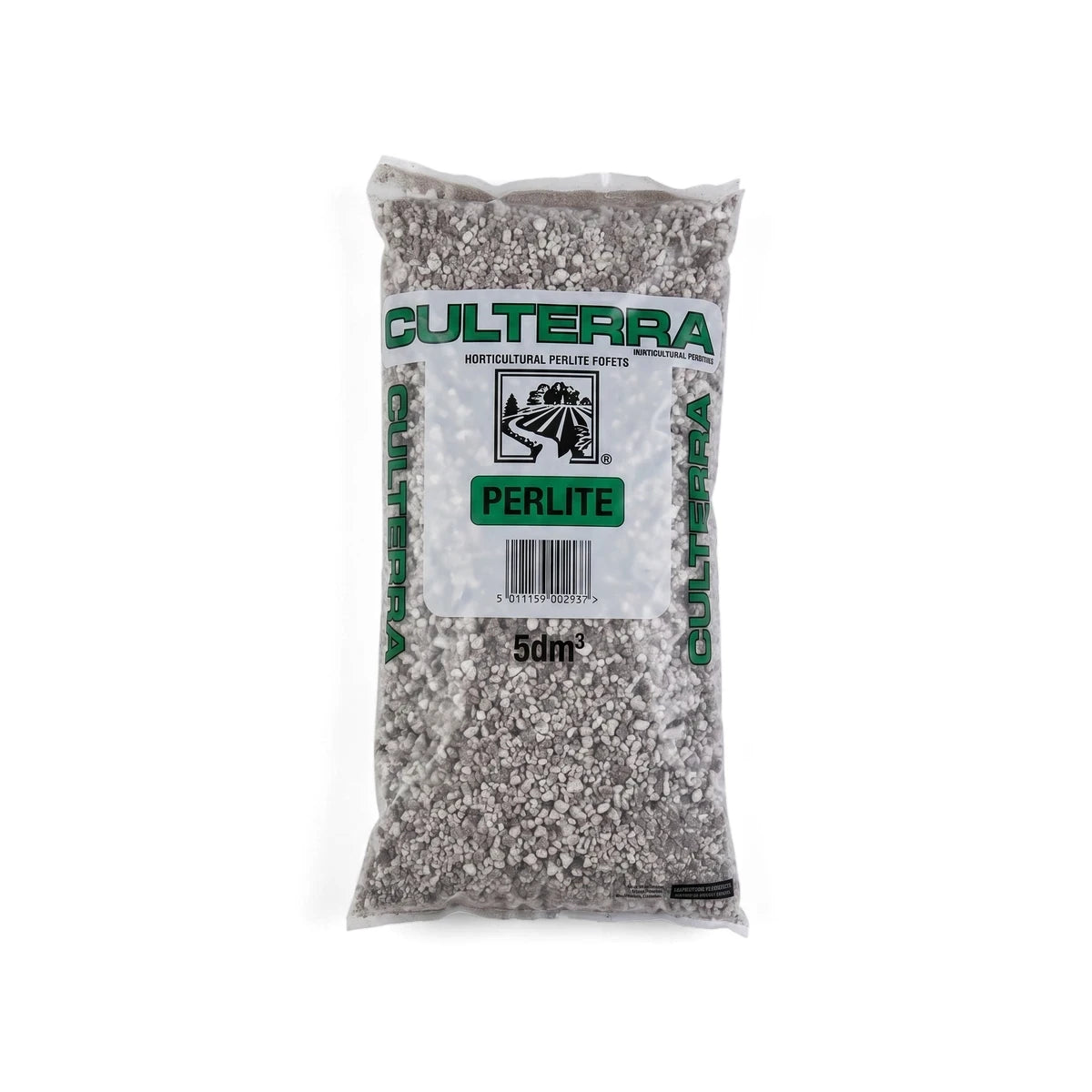 Bag of CULTERRA Horticultural Perlite 5dm³, showing granular material through transparent packaging on a white background.