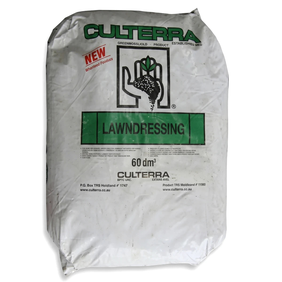 Large white plastic bag of Culterra Lawn Dressing, 60 dm³, featuring a prominent green label with the product name.