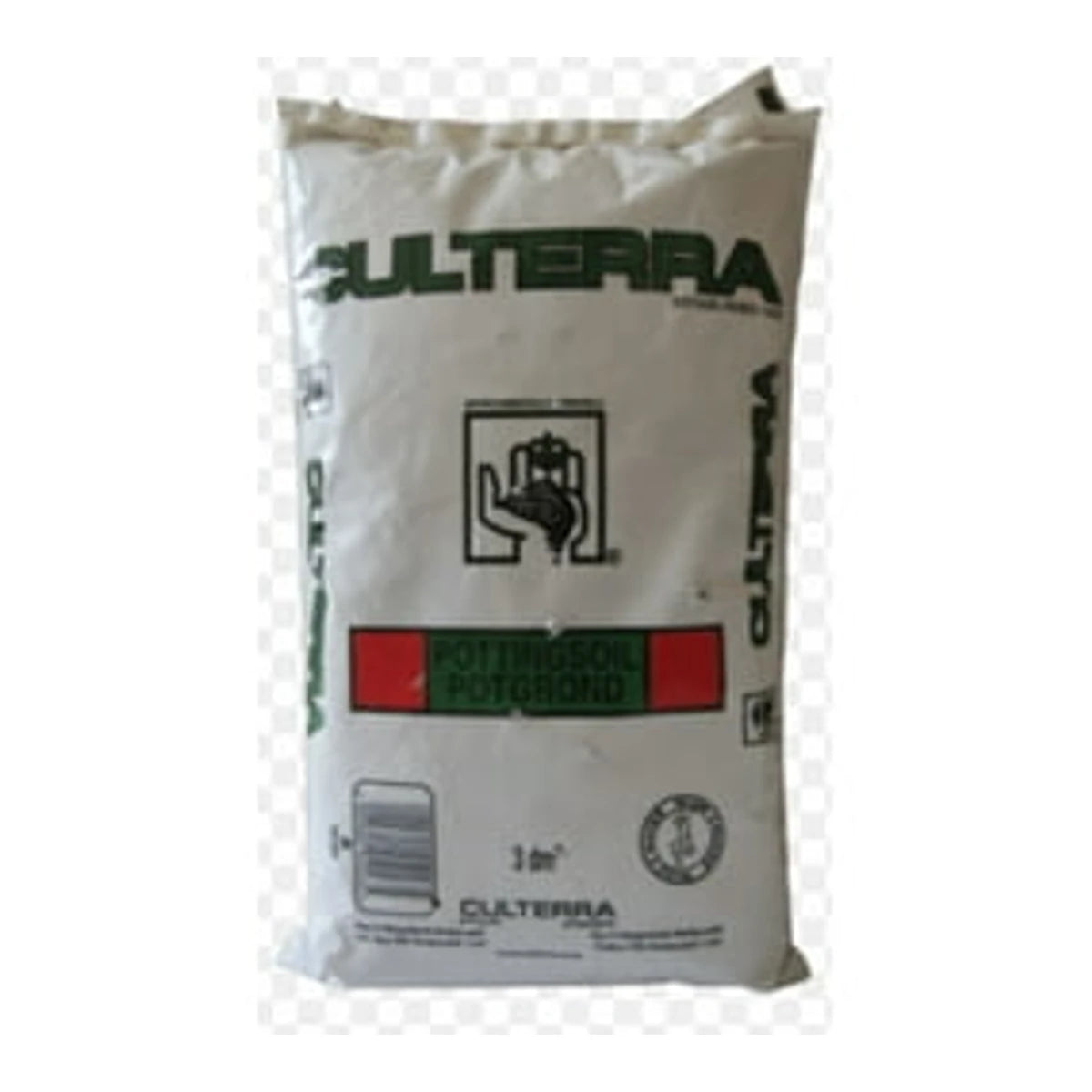 White plastic bag of CULTERRA Potting Soil, 3 dm³, with prominent green and red branding, standing upright.