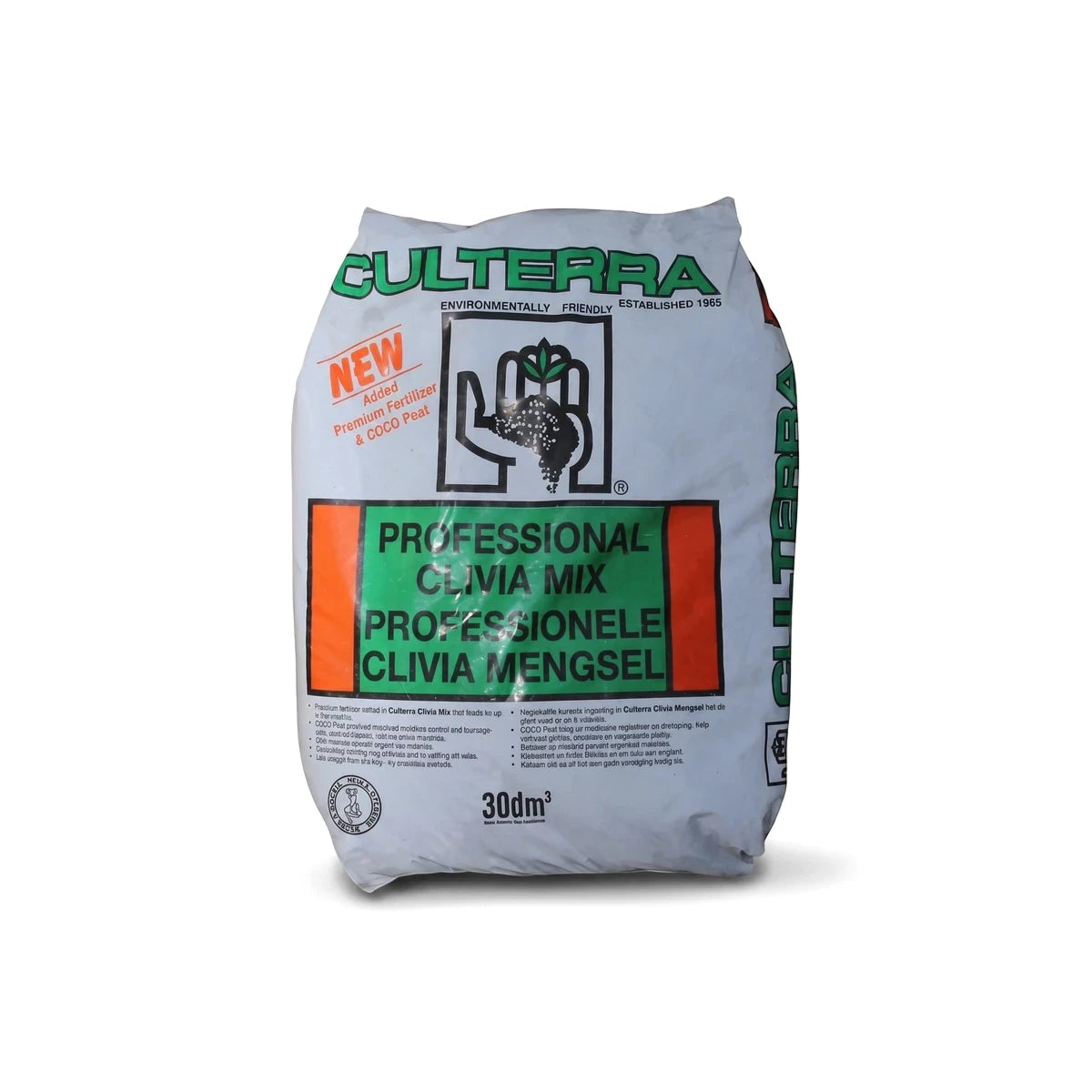 White CULTERRA Clivia Mix soil bag, 30dm³, featuring green and orange branding for professional use.