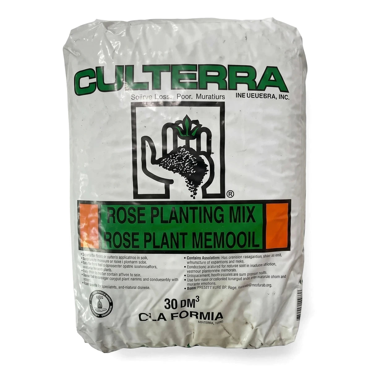 White bag of CULTERRA Rose Planting Mix soil, 30 DM³, featuring green and orange branding for gardening.