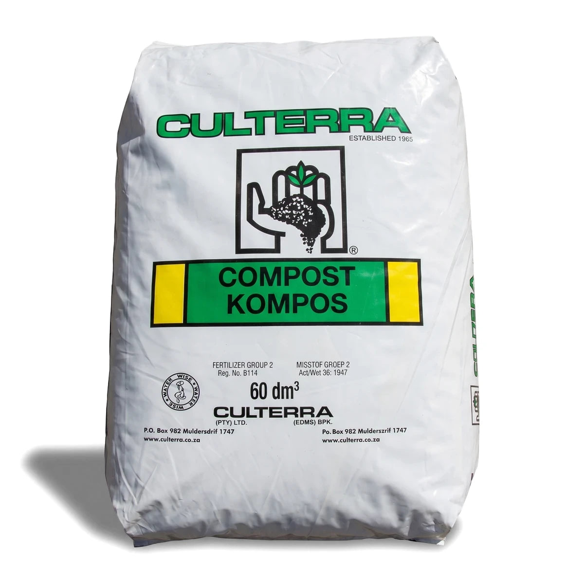 Large white bag of Cultra Potting Soil, 60dm³, featuring green and yellow branding for compost.