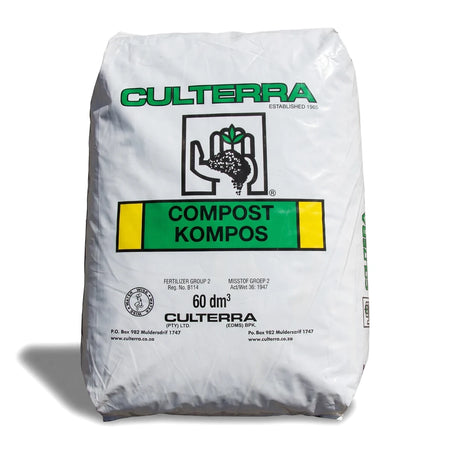 Large white bag of Cultra Potting Soil, 60dm³, featuring green and yellow branding for compost.