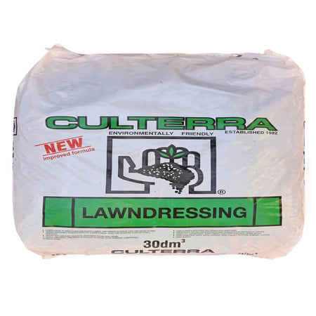 White Cultrera Lawn Dressing 30dm³ bag with green branding and a red 'NEW' label, resting on reddish-brown pebbles.