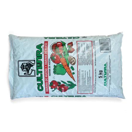 White plastic bag of Cultura 5 kg bone meal fertilizer for plants, featuring illustrations of vegetables and fruits on the