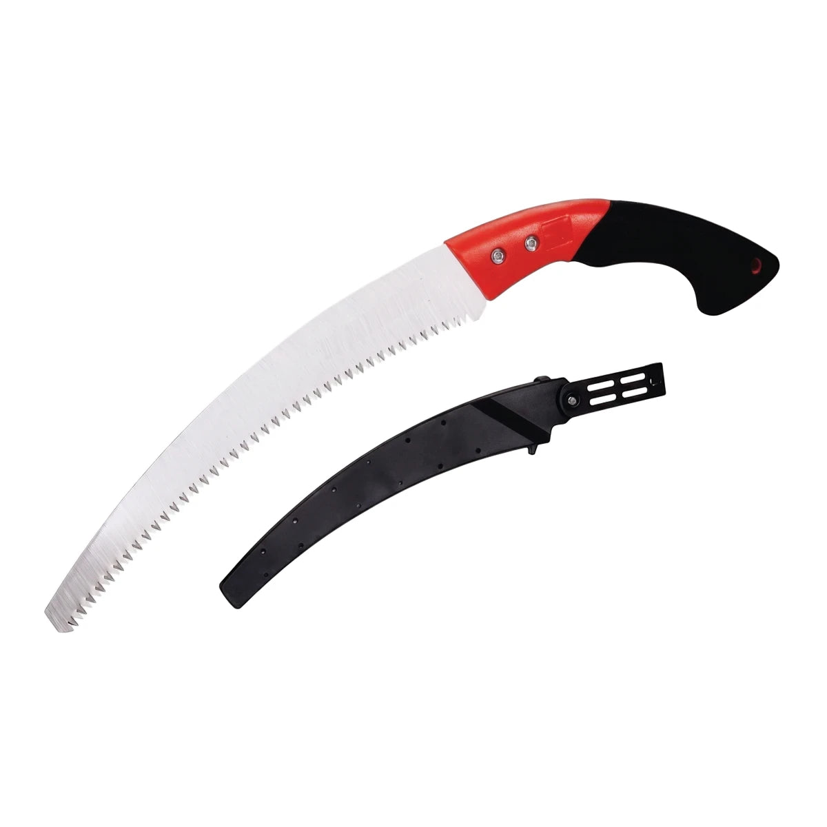 Curved pruning saw with red and black handle, silver blade, and black protective holster for gardening and tree trimming.