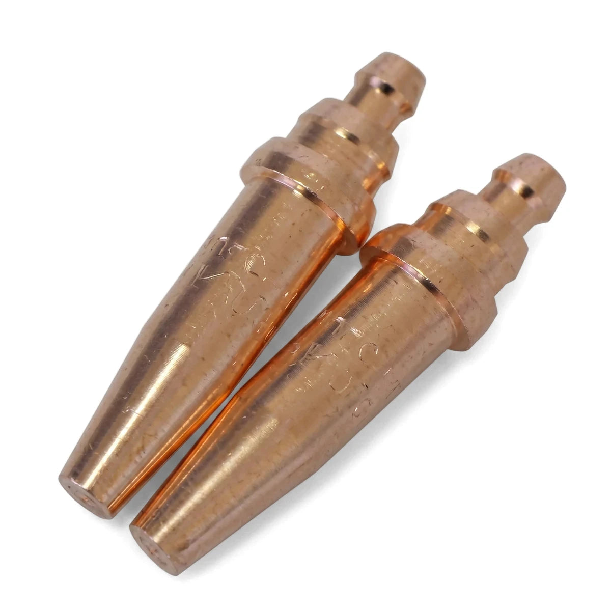 Cutting Nozzle Anm 08mm Nozel, pair of brass torch cutting nozzles with conical tips, side view.