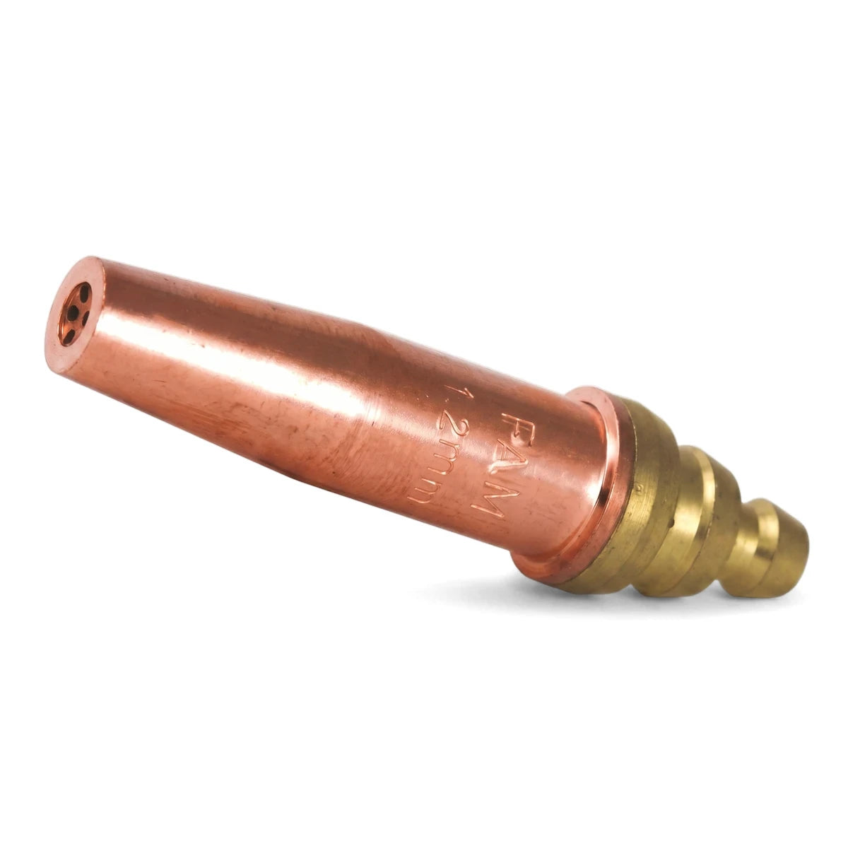 Angled view of a copper and brass Cutting Nozzle Pnm 20mm Nozel for industrial cutting applications.