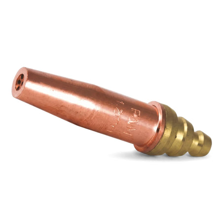 Angled view of a copper and brass Cutting Nozzle Pnm 20mm Nozel for industrial cutting applications.