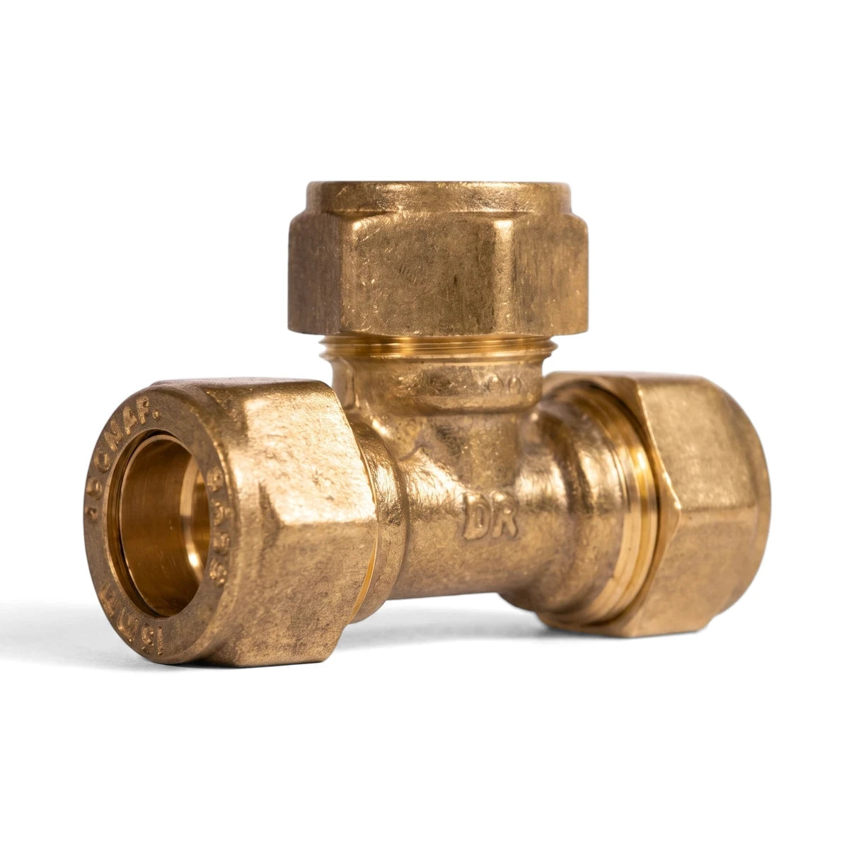 A brass CXC 15mm tee compression plumbing fitting shown on a white background, used for connecting three pipes.
