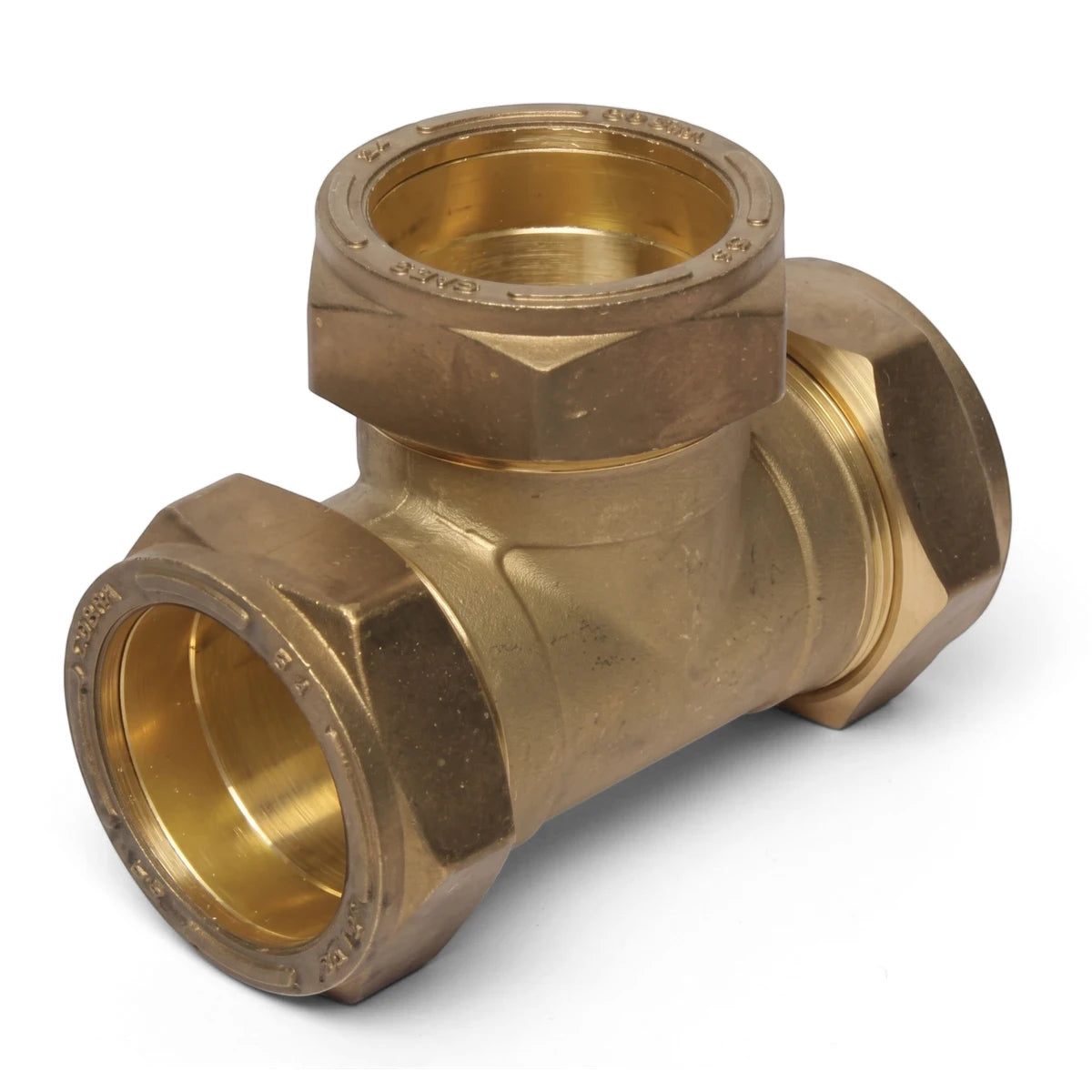 Brass CXC 22mm tee compression fitting for plumbing applications, featuring three hexagonal nuts, angled view.