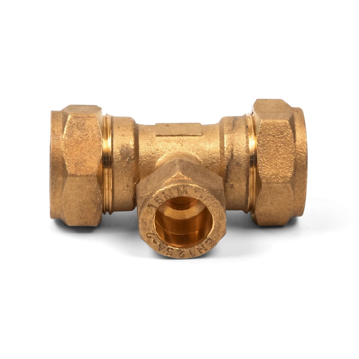 CXC 22X22X15 brass compression tee pipe fitting, used for connecting three pipes in a plumbing system.