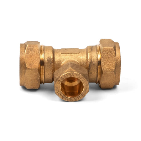 CXC 22X22X15 brass compression tee pipe fitting, used for connecting three pipes in a plumbing system.