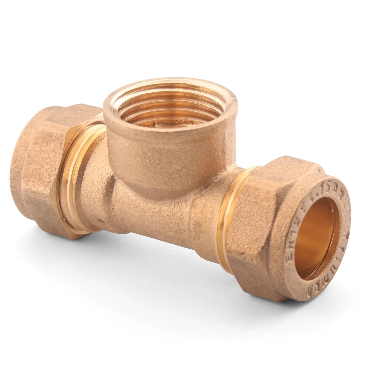 Brass CXCFI 15X15X1/2 tee compression plumbing fitting on a white background, viewed from a slight angle.