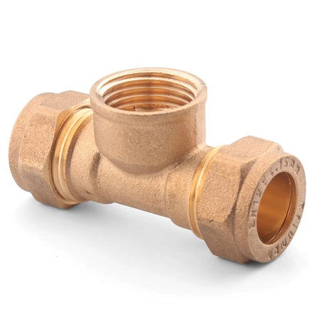 Brass CXCFI 15X15X1/2 tee compression plumbing fitting on a white background, viewed from a slight angle.