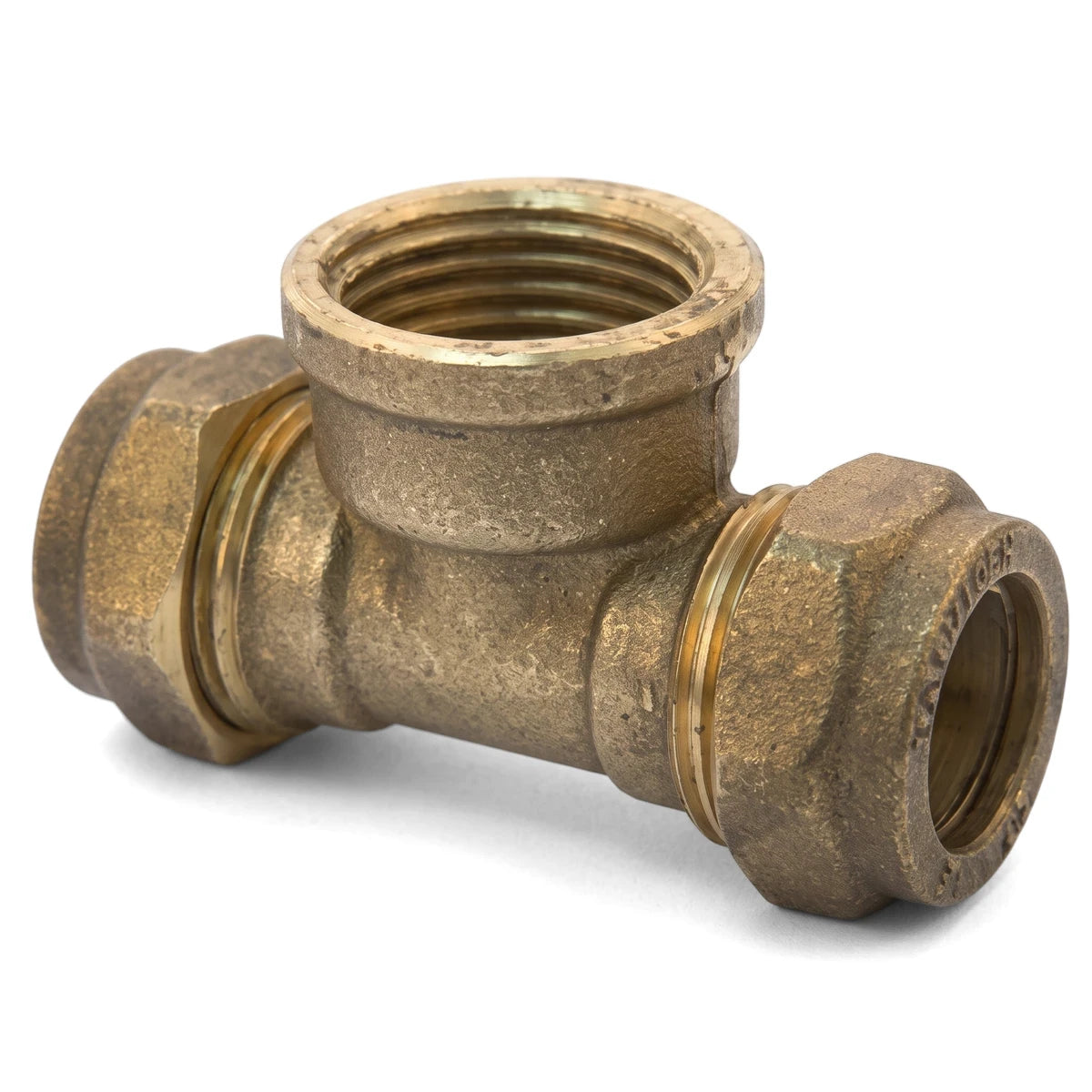 A CXCXFI 22X22X3/4 Tee made of brass, a compression fitting used for joining three pipes in plumbing systems, viewed from an