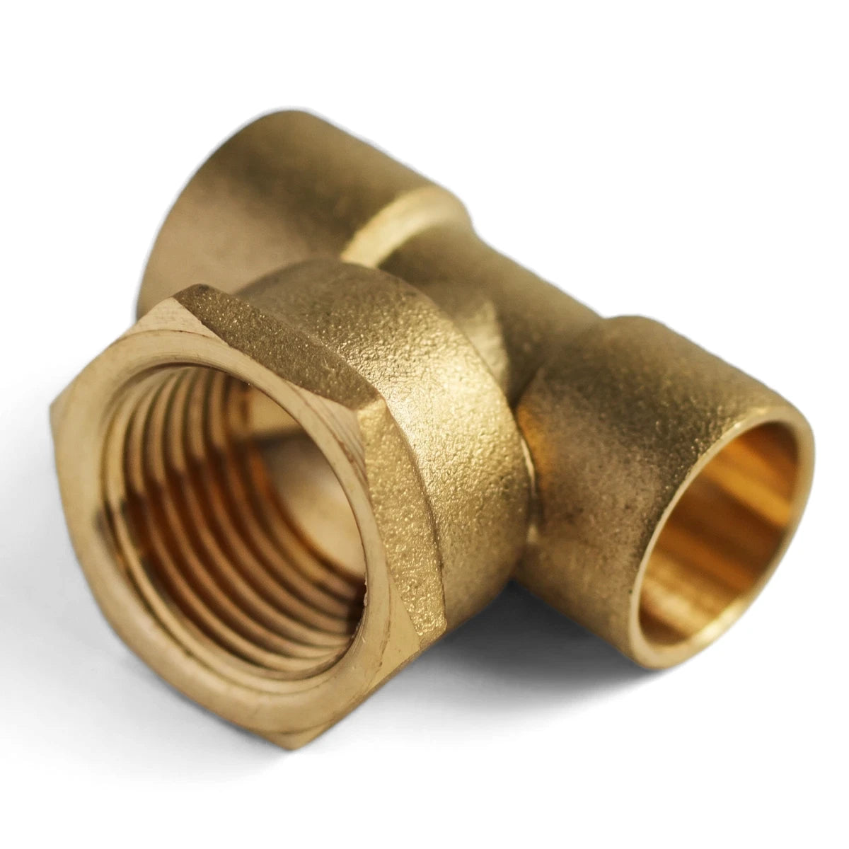 A golden brass CXCXFI tee cap plumbing fitting with internal threading and a hexagonal body, viewed from an angled
